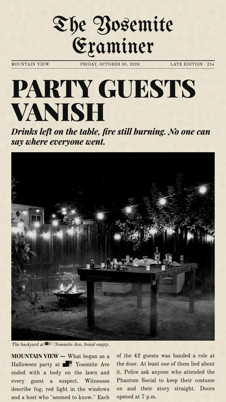 Newspaper front page: Party guests vanish
